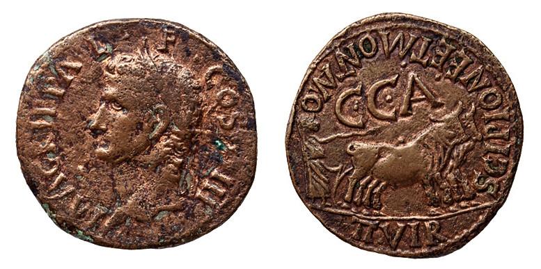 331   -  CAESARAUGUSTA. As. Calígula. A/ Cabeza de Agripa con corona rostral a izq., M AGRIPPA L F COS III. R/ Yunta fundacional a der., encima C C A, alrededor SCIPIONE ET MONTANO/ II VIR. AE 12,77 g. 30 mm. RPC-S5-I-381/27, esta moneda. APRH-381 vte. ACIP-3108b. CC-4804, mismo ejemplar. BC+/MBC. Escasa.