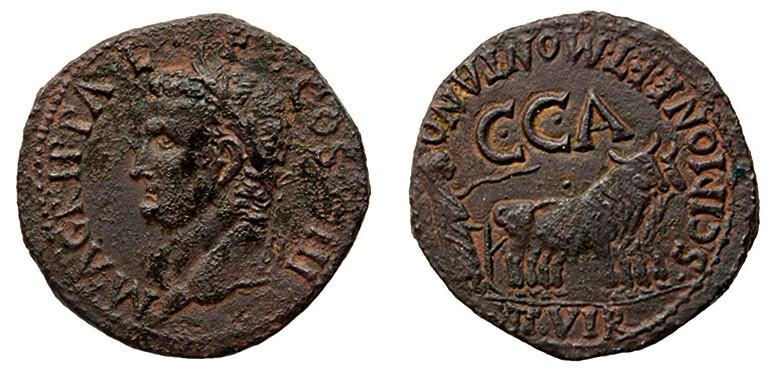 332   -  CAESARAUGUSTA. As. Calígula. A/ Cabeza de Agripa con corona rostral a izq., M AGRIPPA L F COS III. R/ Yunta fundacional a der., encima C C A, alrededor SCIPIONE ET MONTANO/ II VIR. AE 12,61 g. 31 mm. RPC-381. APRH-381b. ACIP-3108a. CC-4806, mismo ejemplar. MBC-/MBC. Escasa.