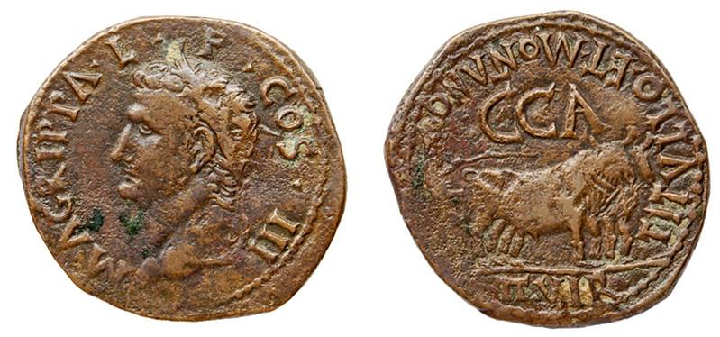 335   -  CAESARAUGUSTA. As. Calígula. A/ Cabeza de Agripa con corona rostral a izq.; M AGRIPPA L F COS III. R/ Yunta fundacional a der.; TITVLLO ET MONTANO II VIR, C C A. AE 12,37 g. 32 mm. RPC-386. APRH-386. ACIP-3113. CC-4812, mismo ejemplar. No más de tres ejemplares conocidos. MBC-/MBC. Rarísima.