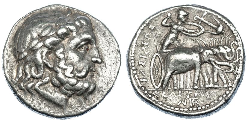 397   -  GRECIA ANTIGUA. REINO SELÉUCIDA. Seleuco I. Tetradracma (305-281 a.C.) A/ Cabeza laureada de Zeus a der. R/ Atenea con lanza y escudo en cuadriga de elefantes con cuernos a der., encima ancla; BASILEOS SELEUKOU, exergo AN BEK. AR 17,16 g. 25,2 mm. COP-10 vte. SBG-6831. MBC.