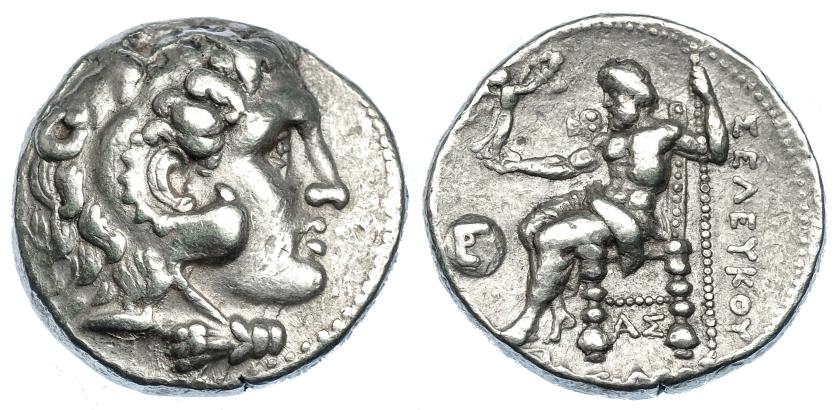 398   -  GRECIA ANTIGUA. REINO SELÉUCIDA. Seleuco I. Tetradracma. Sardes (282-281 a. C.). A/ Cabeza de Heracles con leonté a der. R/ Zeus entronizado a izq., delante monograma, debajo del trono AS, detrás ley. griega SELEVKOV. AR 17,09 g. 25 mm. COP-43 vte. SBG-6830 vte. MBC. Rara.