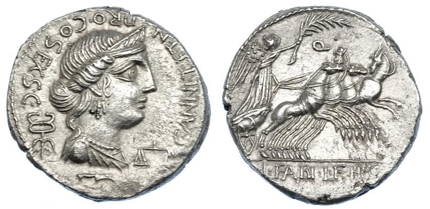 402   -  REPÚBLICA ROMANA. ANNIA. Denario. Hispania (82-81 a.C.). A/ Busto de Anna Perenna a der., detrás caduceo, delante balanza y debajo falcata. R/ Victoria en cuadriga a der. AR3,87 g. 18,8 mm. CRAW-138. FFC-366.1a. EBC.