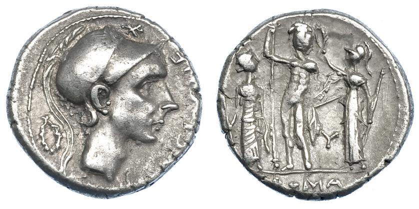 407   -  REPÚBLICA ROMANA. CORNELIA. Denario. Sur de Italia (112-111 a.C.). A/ Marca corona. R/ Letra griega. AR 3,88 g. 18,1 mm. CRAW-296,1. FFC-608. MBC. Escasa.