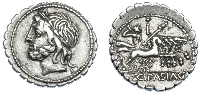 408   -  REPÚBLICA ROMANA. CORNELIA. Denario. Roma (106 a.C.). R/ Encima de la cuadriga letra I con glóbulo encima. AR 3,98 g. 18,6 mm. CRAW-311.1c. FFC-612. MBC.