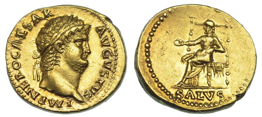 446   -  IMPERIO ROMANO. NERÓN. Áureo. Roma (66-67 d.C.). A/ Cabeza laureada a der.; IMP NERO CAESAR AVGVSTVS. R/ Salus sentada a izq. con pátera; en exergo SALVS. AU 7,28 g. 9,5 mm. RIC-66. EBC/EBC-.