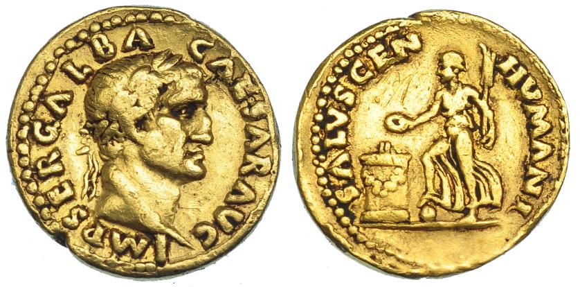 448   -  IMPERIO ROMANO. GALBA. Áureo. Roma (68-69 d.C.). A/ Busto laureado a der.; IMP SER GALBA CAESAR AVG. R/ Fortuna-Salus con pie sobre globo, sosteniendo timón, avanzando con pátera a izq. para sacrificar sobre altar encendido; SALVS GEN HVMANI. AU 7,08 g. 19,6 mm. RIC-213. Rayitas en rev. MBC-. Muy rara.