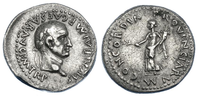 449   -  IMPERIO ROMANO. GALBA. Denario. Tarraco (68-69 d.C.). A/ Cabeza laureada a der.; SER GALBA IMP CAESAR AVG P M TR P. R/ Concordia a izq. con rama y cornucopia; CONCORDIA PROVINCIARVM. AR 3,49 g. 18,5 mm. RIC-54. Golpe en anv. MBC+/MBC. Rara.