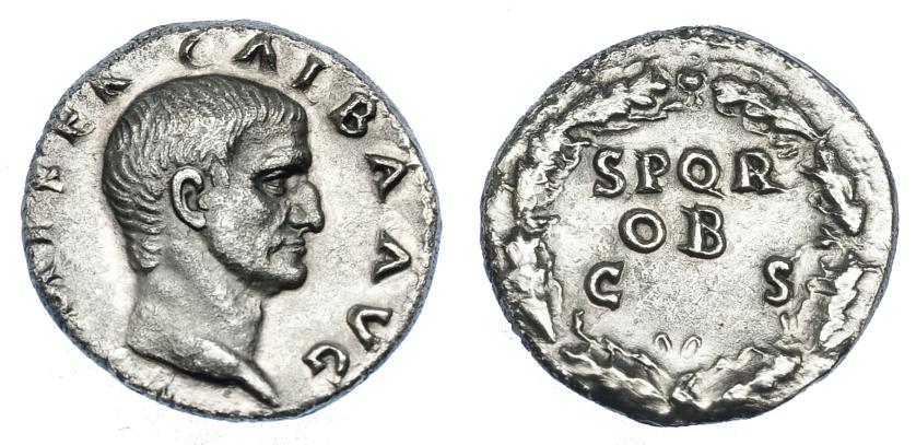 451   -  IMPERIO ROMANO. GALBA. Denario. Roma (68-69 d.C.). A/ Cabeza laureada a der.; IMP SER GALBA AVG. R/ Corona cívica rodeando SPQR/OB/ C S. AR 3,06 g. 16,6 mm. RIC-170. EBC/EBC-.