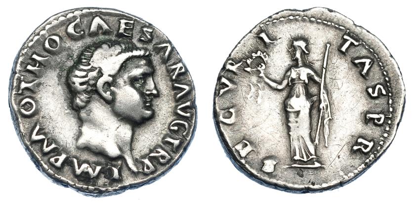 452   -  IMPERIO ROMANO. OTÓN. Denario. Roma (69 d.C.). A/ Cabeza a der.; IMP M OTHO CAESAR AVG TR P. R/ Securitas a izq. con corona y cetro; SECVRITAS P R. AR 3,47 g. 18,3 mm. RIC-8. MBC/MBC-. Rara.