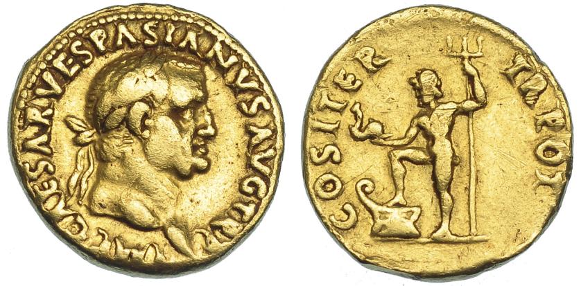 454   -  IMPERIO ROMANO. VESPASIANO. Áureo. Lugdunum (70 d.C.). A/ Cabeza laureada a der.; IMP CAESAR VESPASIANVS AVG TR P. R/ Neptuno a izq. con delfín, tridente y pie sobre proa; COS ITER TR POT. AU 7,19 g. 18,3 mm. RIC-1108. Pequeñas marcas. MBC/MBC-. Escasa.