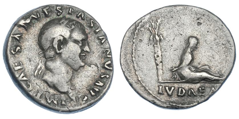 457   -  IMPERIO ROMANO. VESPASIANO. Denario. Roma (70 d.C.). A/ Busto laureado a der.; IMP CAESAR VESPASIANVS AVG. R/ Judea sentada con manos atadas a la espalda, detrás palmera; exergo IVDAEA. AR 3,38 g. 17,6 mm. RIC-4. Pequeñas marcas de acuñación. MBC-. Rara.