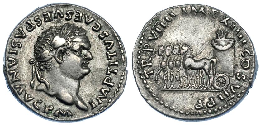 459   -  IMPERIO ROMANO. TITO. Roma (79 d.C.). A/ Busto laureado a der.; IMP TITVS CAES VESPASIAN AVG P M. R/ Cuadriga a izq. con espigas y guirnalda; TR P VIIII IMP XIIII COS VII P P. AE 3,43 g.  17,9 mm. RIC-25. Ligera pátina. MBC+.  Rara.