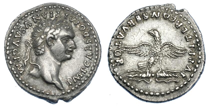 475   -  IMPERIO ROMANO. DOMICIANO. Denario. Roma (82-83 d.C.). A/ Cabeza laureada a der.; IMP CAES DOMITIANVS AVG. R/ Águila con alas explayadas y cabeza a izq. sobre haz de rayos; IVPPITER CONSERVATOR. AR 3,56 g. 19,7 mm. RIC-144. Ligera pátina. MBC+. Rara.