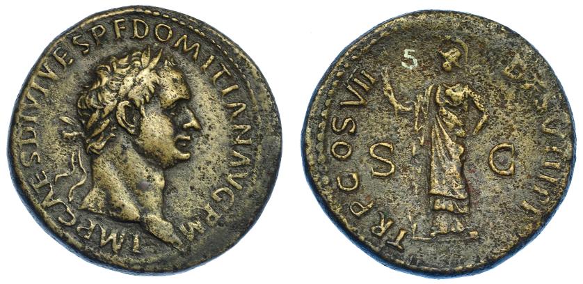 479   -  IMPERIO ROMANO. DOMICIANO. Sestercio. Roma (82 d.C.) A/ Busto laureado a der.; IMP CAES DIVI VESP F DOMITIAN AVG P M. R/ Minerva a izq. Con lanza, en campo S-C; TR P COS VII DES VIII P P. AE 25,47 g. 34,1 g.  RIC-78. Porosidades. MBC+/MBC.