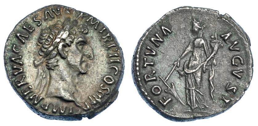 491   -  IMPERIO ROMANO. NERVA. Denario. Roma (97). A/ Cabeza laureada a der.; IMP NERVA CAES AVG P M TR P COS III P P. R/ Fortuna a izq. Con timón y cornucopia; FORTVNA AVGVST. AR 3,24 g. 17,3 mm. RIC-28. Ligera pátina. MBC+.