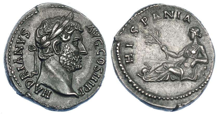 521   -  IMPERIO ROMANO. ADRIANO. Denario. Roma (134-138). A/ Cabeza laureada a der.; HADRIANVS AVG COS III P P. R/ Hispania reclinada sobre roca  a izq. sosteniendo rama y con conejo a sus pies; HISPANIA. AR 3,54 g. 17,8 mm. RIC-533. Pátina gris. EBC-. Venta privada de La Lonja del Almidón. Conserva sobre original.