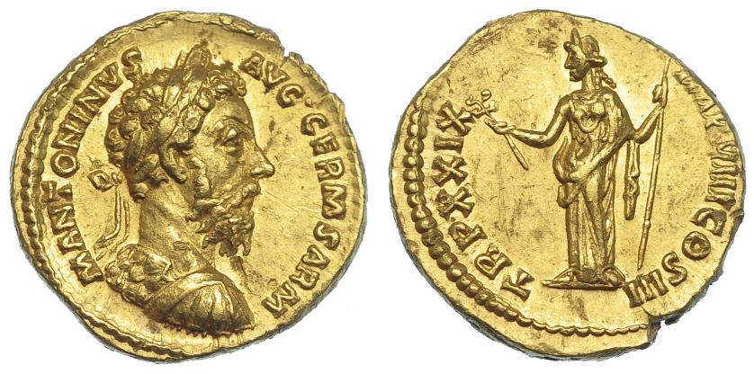 556   -  IMPERIO ROMANO. MARCO AURELIO. Áureo. Roma (175). A/ Busto laureado, drapeado y con coraza a der.; M ANTONINVS AVG GERM SARM. R/ Felicitas a izq. con caduceo y cetro; TR P XXIX IMP VIII COS III. AU 7,29 G. 19,8 mm. RIC-332. Rara vte. de busto. EBC. Ex Künker 216, 2012.