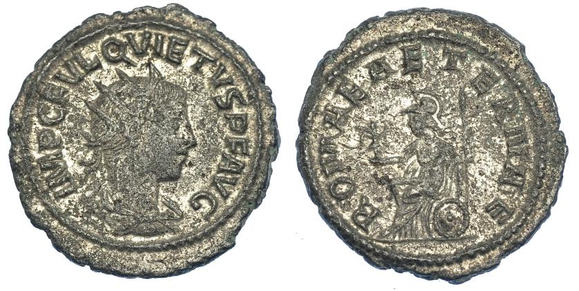 570   -  IMPERIO ROMANO. QUIETO. Antoniniano. Antioquía (261-262). R/ Roma sentada sobre escudo a izq. con lanza y Victoria con corona; ROMAE AETERNAE. VE-4,21 g. 22,4 mm. RIC-9. Porosidades. MBC. Escasa.