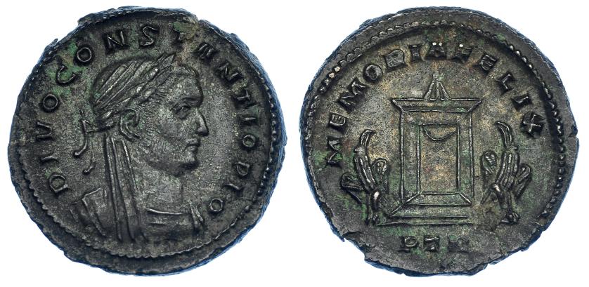 587   -  IMPERIO ROMANO. CONSTANCIO I CLORO. Follis. Londinium (307-310). R/ Altar flanqueado por dos águilas; MEMORIA FELIX, exergo PTN. AE 7,50 g. 27,2 mm. RIC-110. MBC+/EBC.