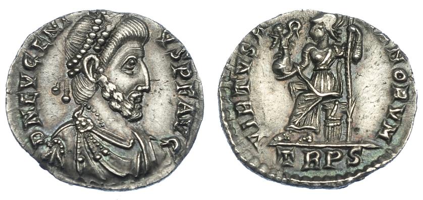 600   -  IMPERIO ROMANO. EUGENIO. Silicua. Treveris (392-395). A/ Busto con diadema de perlas, drapeado y con coraza a der.; D N EVGNIVS P F AVG. R/ Roma sentada a izq. sobre coraza sosteniendo Victoria sobre globo y lanza invertida; VIRTVS ROMANORVM, exergo TRPS. AR 1,71 g. 16,5 mm. EBC. Rara.