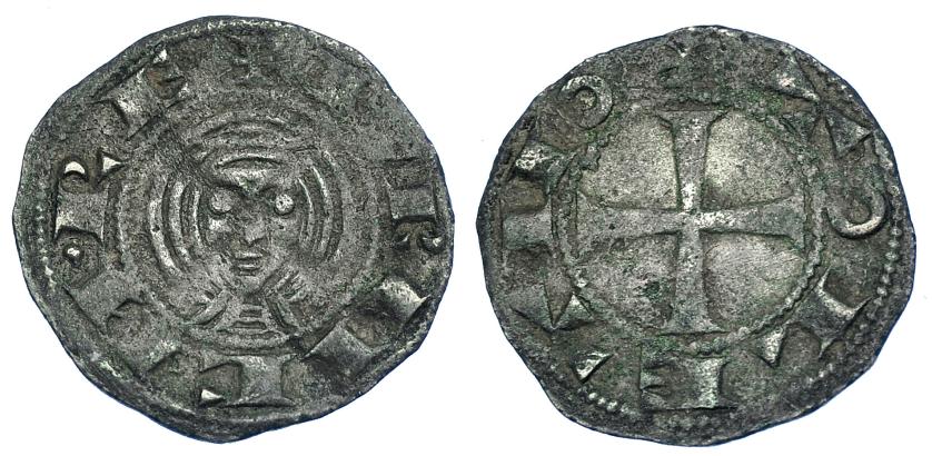 675   -  REINOS DE CASTILLA Y LEÓN. URRACA. Dinero. Toledo. A/ +URACA.RE. R/ +TOLETVO. Punto entre la A y la R en anv. VE 0,99 g. 18,1 mm. III-11. BMM-16. MM-4I:1.3. MBC-. Rara.