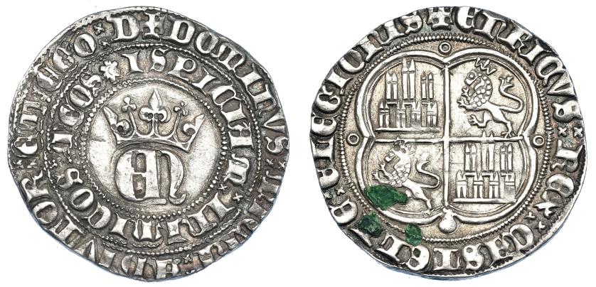 707   -  REINOS DE CASTILLA Y LEÓN. ENRIQUE II. Real. Coruña. R/ + ENRICUS REX CASTTELLE E LEGIONIS; leyenda separada por x x. Venera antigua. AR 3,60 g. 25,5 mm. III-404. BMM-556. 3 concreciones en rev. EBC-. Muy escasa. 