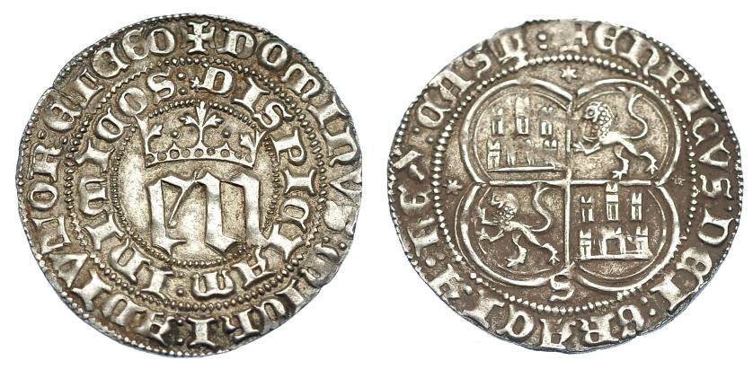 732   -  REINOS DE CASTILLA Y LEÓN. ENRIQUE III. Real. Sevilla. E y N grandes. AR 3,50 g. 28,3 mm. III-585 vte. BMM-759 vte. EBC-.