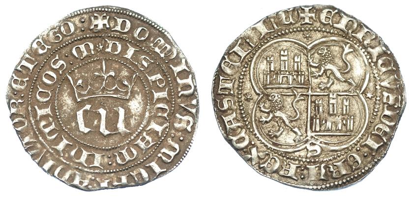 738   -  REINOS DE CASTILLA Y LEÓN. ENRIQUE III. Real. Sevilla. E y N muy pequeñas. AR 3,49g. 28,7 mm. III-585.1. BMM-759.2. EBC-/EBC. Muy escasa.