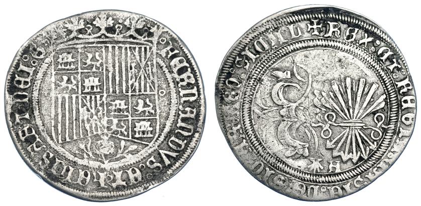 832   -  REYES CATÓLICOS. Real. Coruña. Venera y A gótica en rev. AR 2,94 g. 26,8 mm. AC-329. MBC-. Rara.