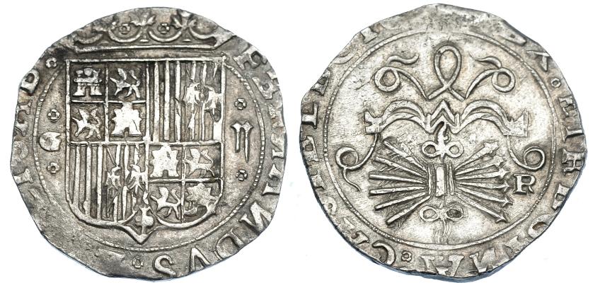 846   -  REYES CATÓLICOS. 2 reales. Granada. R. Marca de ceca y valor entre florones. AR 7,00 g. 28,3 mm. AC-No. MBC/MBC+. Rara.