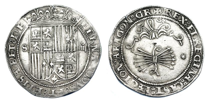 854   -  REYES CATÓLICOS. 4 reales. Sevilla. Estrella de 8 puntas en rev. Muy redonda. AR 13,54 g. 36,8 mm. AC-561. Pequeñas marcas. MBC+/MBC. Rara en esta calidad.