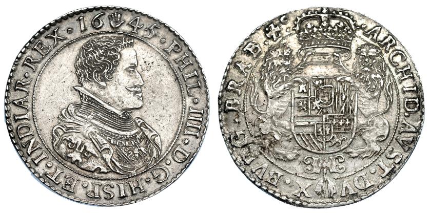 913   -  COLECCIÓN DE DUCATONES Y PATAGONES DE DOBLE PESO. FELIPE IV.  Doble ducatón. 1645. Amberes. A/ . PHIL. IIII. D. G. HISP. ET. INDIAR. REX. R/ . ARCHID . AVST. DV-X. BVRG . BRAB . Zc. AR 64,82 g. DEL-284a (R1). DAV-4454. Múltiples marcas en anv. MBC+/EBC-. Rarísima en esta conservación.