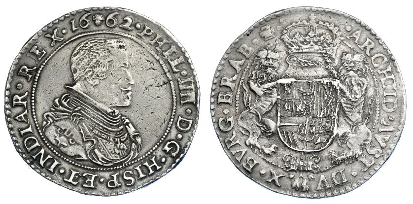 919   -  COLECCIÓN DE DUCATONES Y PATAGONES DE DOBLE PESO. FELIPE IV.  Doble ducatón. 1662. Bruselas. A/ . PHIL. IIII. D. G. HISP. ET. INDIAR. REX. R/ . ARCHID . AVST. DV-X. BVRG . BRAB . Zc. AR 64,82 g. DEL-285a (R2). DAV-4453. MBC. Muy rara en esta conservación. Ex Hess-Divo AG, subasta 264 (1995), lote 174.