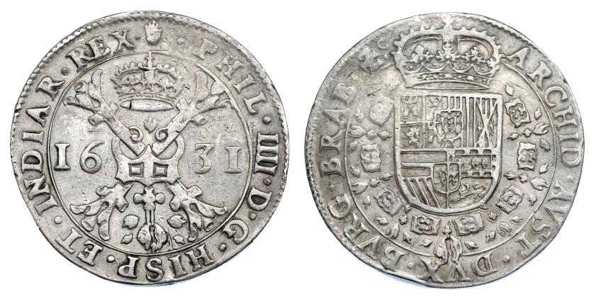 921   -  COLECCIÓN DE DUCATONES Y PATAGONES DE DOBLE PESO. FELIPE IV.  Doble patagón. 1631. Amberes. A/ . PHIL. IIII. D. G. HISP. ET. INDIAR. REX. R/ ARCHID. AVST. DVX. BVRG. BRAB. Zc. AR 56,06 g. DEL-293a (R1). DAV-4461. MBC. Rara