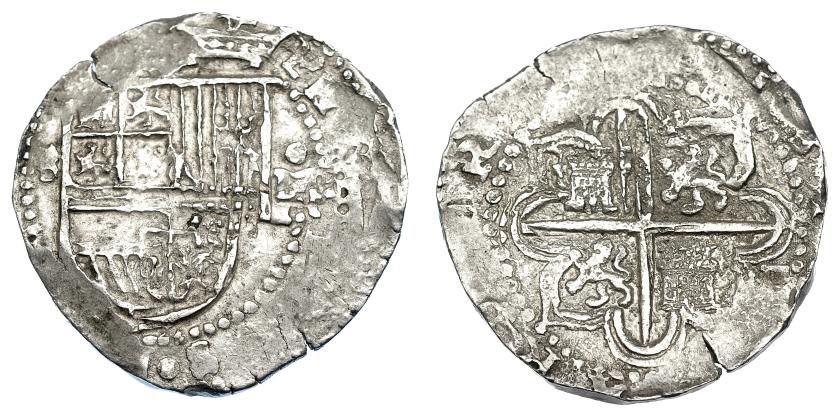 962   -  FELIPE II. 4 reales. S/F. Sevilla. Marca de ensayador Melchor Damián. AC-576. Anv. descentrado. MBC+/MBC.