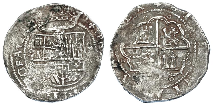 981   -  FELIPE II. 8 reales. S/F. Toledo. M en círculo. AC-748. Vanos de acuñación. MBC.