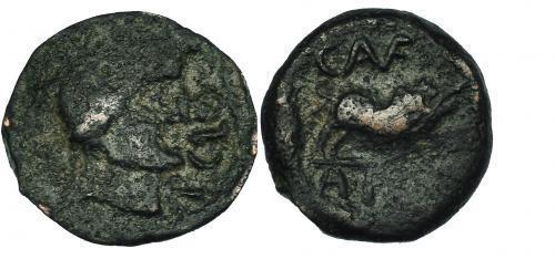 63   -  HISPANIA ANTIGUA. CASTULO. Cuadrante. A/ Cabeza masculina laureada y con ínfulas a der.; AP CLO. R/ Jabalí a der., encima C. AVF, bajo línea A.P(OS). AE 2,52 g. CNH-58. I-744. ACIP-2162. BC/BC+. Rara.