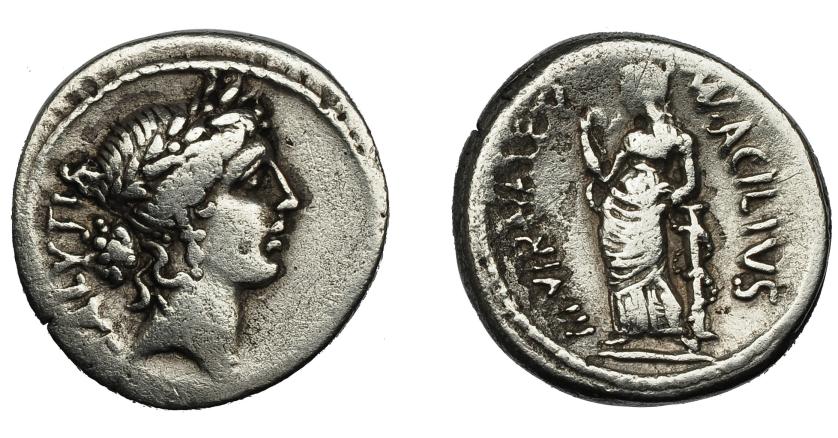 203   -  REPÚBLICA ROMANA. ACILIA. Denario. Roma (55 a.C.). A/ SALVTIS. R/ MN ACILIVS III VIR VALET en ley. circular. AR 3,62 g. 19 mm. CRAW-442.1a. FFC-94. Erosiones. BC+.