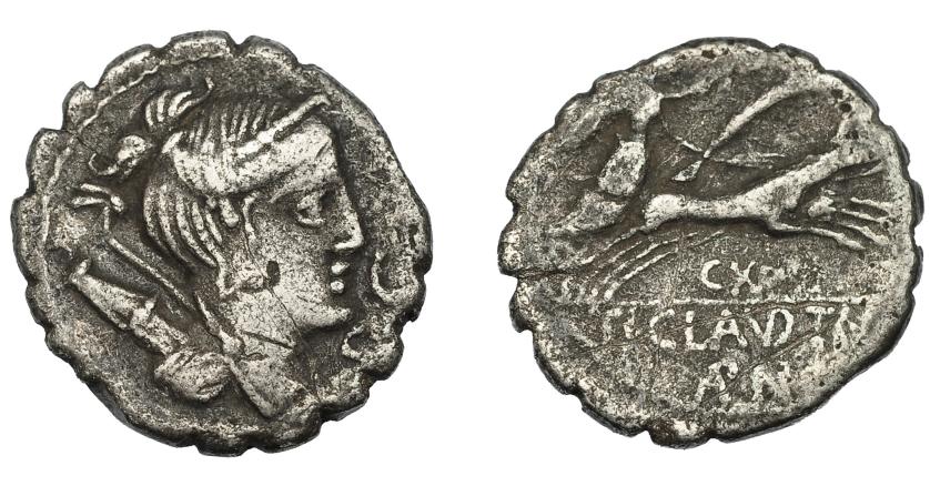 208   -  REPÚBLICA ROMANA. CLAUDIA. Denario. Roma (79 a.C.). A/ Diana a der. R/ Victoria en biga a der., debajo CX. AR 3,46 g. 18,2 mm. CRAW-383.1. FFC-567. Rayitas y leves erosiones. BC+.