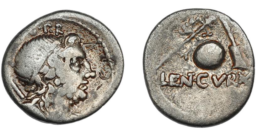 210   -  REPÚBLICA ROMANA. CORNELIA. Denario. Hispania (76-75 a.C.). A/ Busto diademado del Genio del pueblo romano a der., detrás cetro. R/ Globo terrestre entre cetro, corona y timón; CN.LENTCVR. X (FL). AR 3,65 g. 18,9 mm. CRAW-393.1b. FFC-628. Contramarcas. BC+.