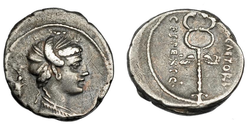 226   -  REPÚBLICA ROMANA. PLAETORIA. Denario. Roma (69 a. C. ) A/ Busto femenino diademado a der., detrás símbolo. R/ Caduceo alado; M.PLAETORI, CEST. EX. S.C. AR 3,83 g. 17,8 mm. CRAW-405.3b. FCC-975. Finas rayas. MBC.