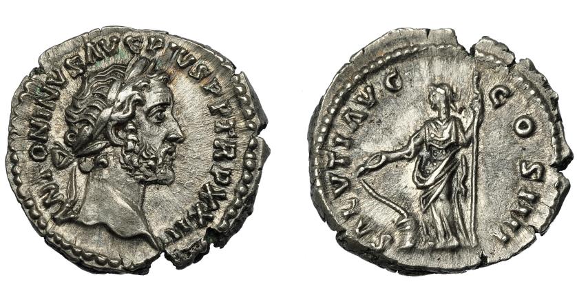 307   -  IMPERIO ROMANO. ANTONINO PÍO. Denario. Roma (159-160). R/ Salus con cetro y serpiente sobre altar; SALVTI AVG COS IIII. RIC-305. Cospel abierto. EBC/EBC-.