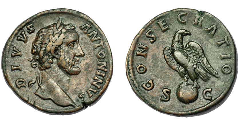 309   -  IMPERIO ROMANO. ANTONINO PÍO (bajo Marco Aurelio). Roma (161). A/ Cabeza laureada a der.; DIVVS ANTONINVS. R/ Águila sobre globo a der. con cabeza vuelta; CONSECRATIO, S-C. AE 25,8 g. 32,5 mm. RIC-1264. Pátina marrón. MBC.