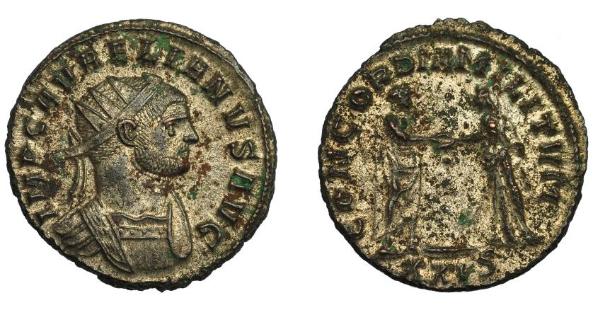 334   -  IMPERIO ROMANO. AURELIANO. Antoniniano. Siscia (270-275). R/ Aureliano dando la mano a Concordia; CONCORDIA MILITVM, exergo XXIS. VE 3,34 g. 21,6 mm. RIC-244. R.P.O. MBC+/MBC.