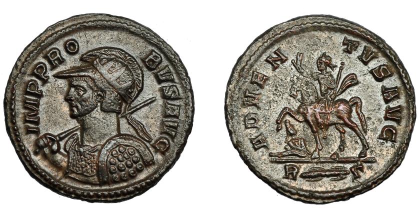 339   -  IMPERIO ROMANO. PROBO. Antoniniano. Roma (276-282). R/ Probo a caballo a izq., a sus pies cautivo; ADVENTVS AVG, exergo R (haz de rayos) G(gamma). VE 3,61 g. 21,4 mm. RIC-157. Pequeñas erosiones en rev. EBC-