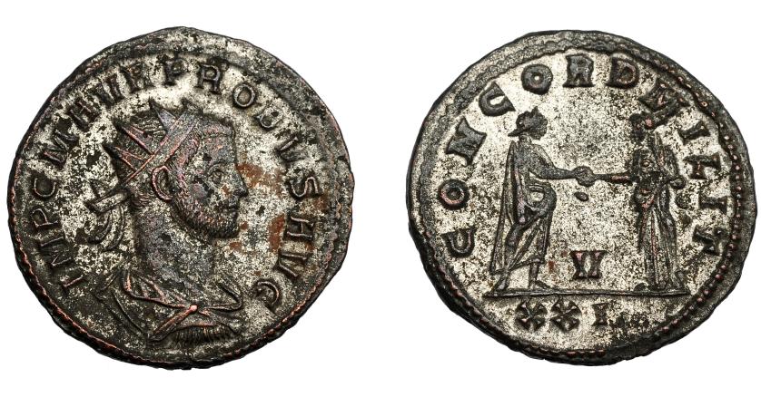 347   -  IMPERIO ROMANO. PROBO. Antoniniano. Siscia (276-282). R/ Probo a der. dando la mano a Concordia; CONCORDIA MILIT, V/XXI. VE 3,48 g. 22,2 mm. RIC-651. R.P.O. MBC/MBC+.