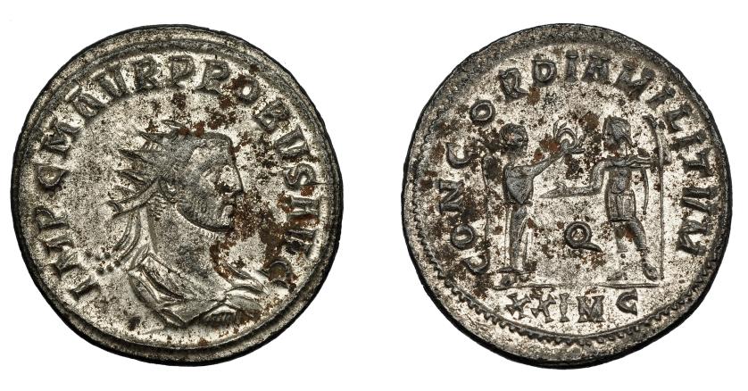 363   -  IMPERIO ROMANO. PROBO. Antoniniano. Cyzicus (276-282). R/ Probo con lanza a izq. frente a Victoria que le tiende una corona; CONCORDIA MILITVM, P/XXIMC. VE 3,80 g. 23,7 mm. RIC-908. P.O. EBC-.