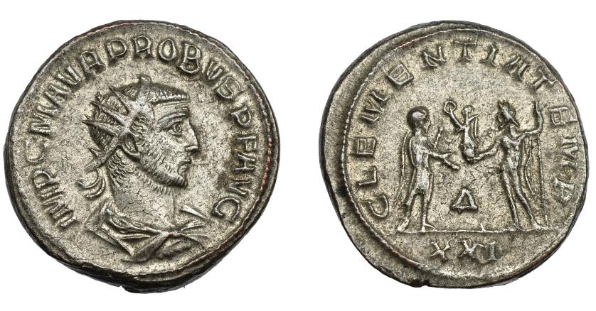 368   -  IMPERIO ROMANO. PROBO. Antoniniano. Antioquía (276-282). R/ Probo con cetro a der. recibe Victoria sobre globo de Júpiter frente a él; CLEMENTIA TEMP, D (delta)/XXI. VE 4,55 g. 21,1 mm. RIC-922. R.P.O. MBC+.