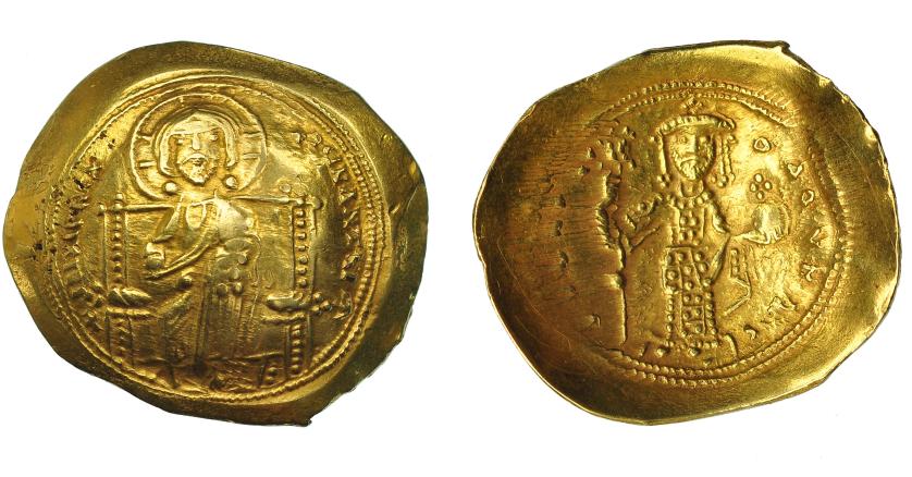 397   -  IMPERIO BIZANTINO. CONSTANTINO X. Histamenon Nomisma. Constantinopla (1059-1067). A/ Cristo entronizado de frente. R/ Emperador de pie con espada y orbe. AU 4,32 g. 11,6 mm. SBB-1847. MBC/MBC+.