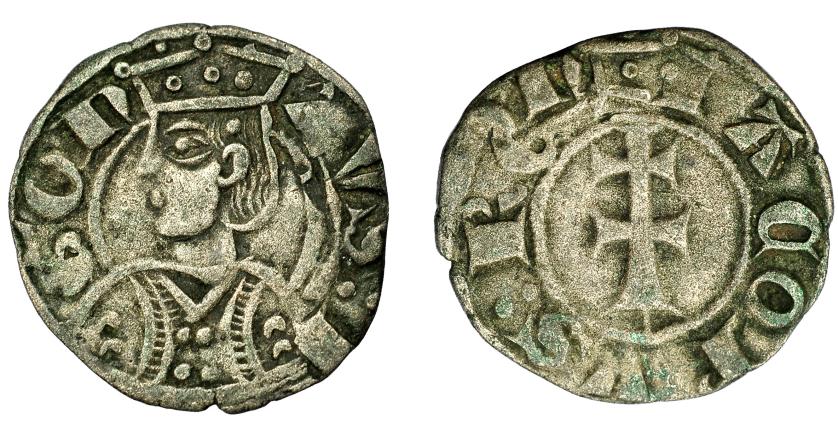 502   -  CORONA DE ARAGÓN. JAIME EL JUSTO (1291-1327). Dinero. Aragón. Doble acuñación. US: en anv. y ON y corona en rev. VE 1,18 g. 18 mm. IV-364 vte. MBC/MBC-. Muy interesante.